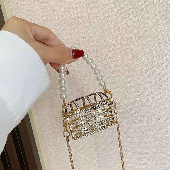 Rhinestone and pearl Metal cage airpod case micro mini purse - Picture 2 of 13